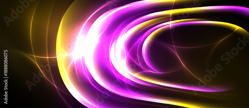 Bright abstract swirls, vibrant colors blend. Dynamic energy radiates from central point, creating luminous effect. Dark background enhances glow.