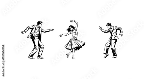 energetic vintage dance illustration showcasing swing and lindy hop dancers performing for retro music event posters and invitations.