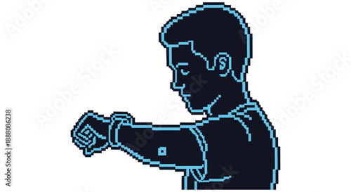 pixel art man checking smartwatch a retro digital illustration for modern fitness tracking gaming apps and technology blogs.