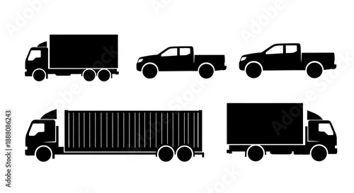 Collection of various vehicle silhouettes including trucks and cars displayed on a clean white background