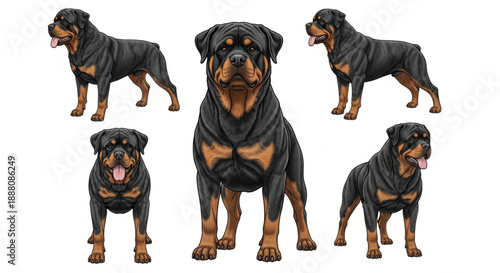Dynamic Rottweiler Dog Vector Illustration Set: Five Distinct Poses of a Powerful Purebred Guard Dog on a Clean White Background for Pet, Security, and Breed Guides.