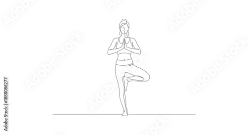 yoga tree pose continuous line art illustration of a woman practicing vrksasana promoting balance wellness and mindful exercise concepts.