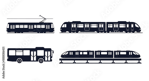 Collection of public transportation vehicles including tram, train, bus, and subway in various views