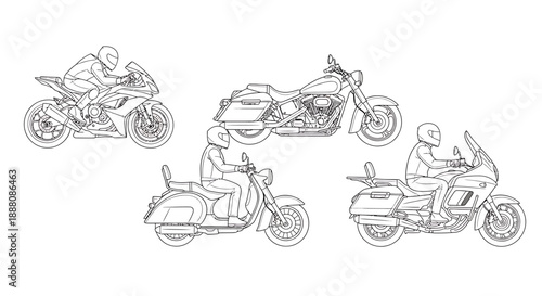 Motorcyclists riding various bikes from different viewpoints, showcasing riders on the road with different motorcycle designs