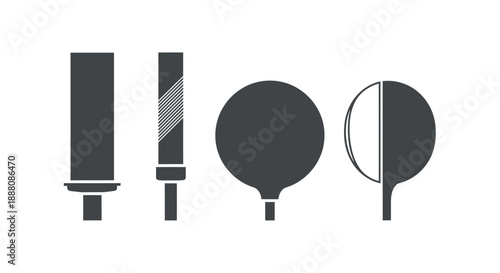 Vector graphics of various table tennis paddles and a ball viewed from the side