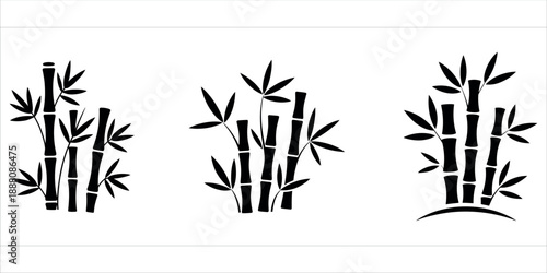 Stylized black bamboo stalk silhouettes with lush leaves on white background vector art vector.