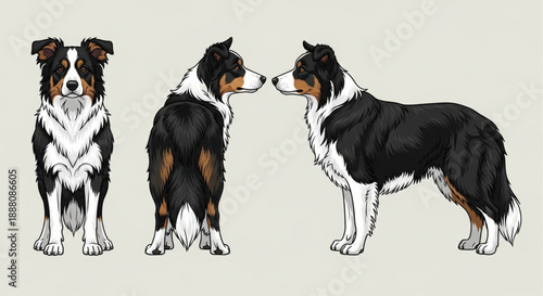Comprehensive Vector Illustration of Tri-Color Australian Shepherd Dog Poses: Front, Back, and Profile Views on Isolated Background – Ideal for Pet Breed Guides and Vet Clinic Graphics