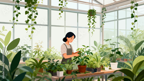 Woman tending plants in greenhouse