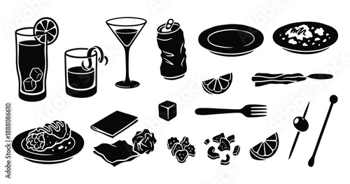 Set of black silhouette drinks, food, and garnish elements for menu design and recipes