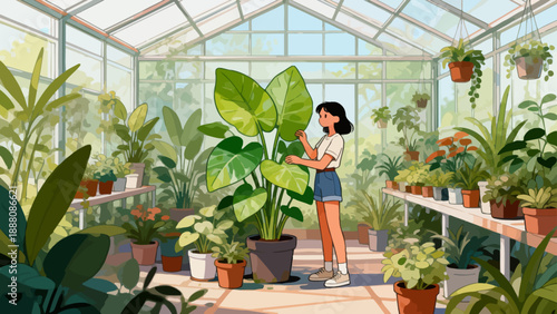 Woman in greenhouse with plants