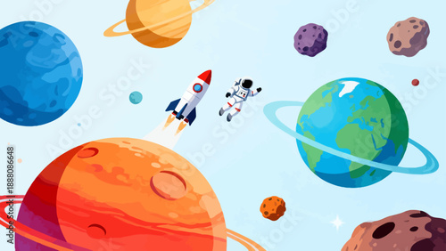 Astronaut in space with planets and rocket