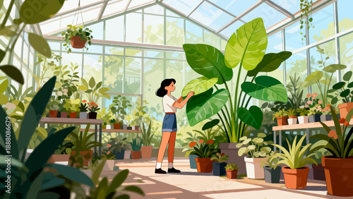 Woman in greenhouse with plants