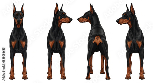 Detailed Doberman Pinscher Dog Breed Illustration: Set of Four Views (Front, Side Profile, Back) for Character Design, Veterinary Reference, and Pet Ownership Guides - Isolated on White.