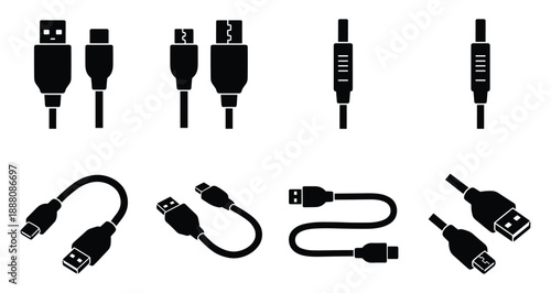 Collection of various black electronic connector and cable icons on a transparent background