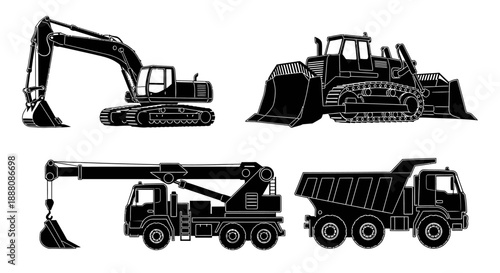 Heavy machinery collection featuring excavator, bulldozer, crane truck, and dump trucks in industrial setting