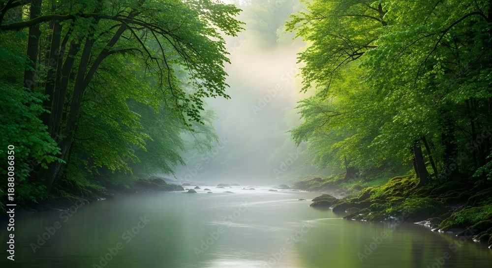 Obraz premium River flowing through lush green forest scenery with morning mist