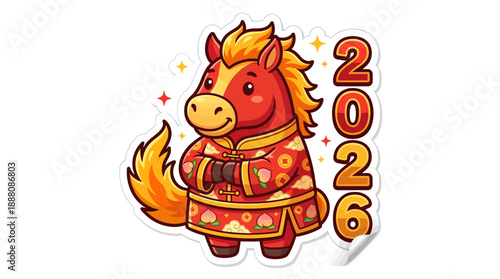 Cute cartoon red horse in traditional Chinese attire for the Year of the Horse 2026 celebration, a festive sticker design.