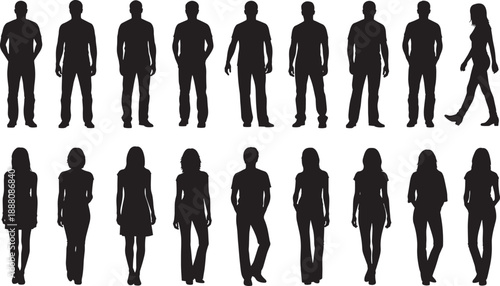 Black silhouette illustration of diverse male and female figures in varied standing poses, symbolizing human posture, gender representation, individuality, diversity, and artistic 