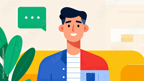 Smiling man in colorful jacket sitting on couch