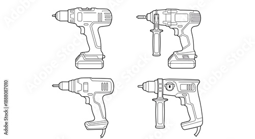 Various power drills illustrated from different viewpoints showcasing their designs and features