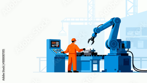 Worker operating robotic arm in factory