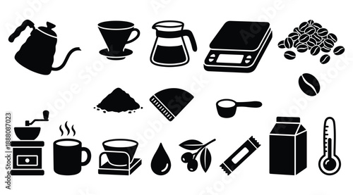 Set of black silhouettes of coffee brewing equipment and accessories on transparent background