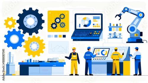 Industrial workers and machinery in factory