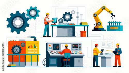Industrial factory workers and machinery