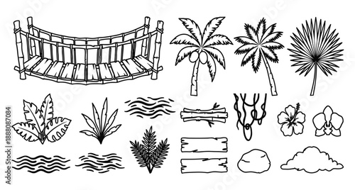 Tropical jungle elements hammock palm trees exotic plants and flowers on transparent background vector