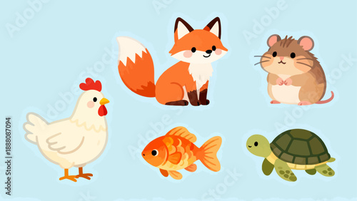 Cute cartoon animals on blue background