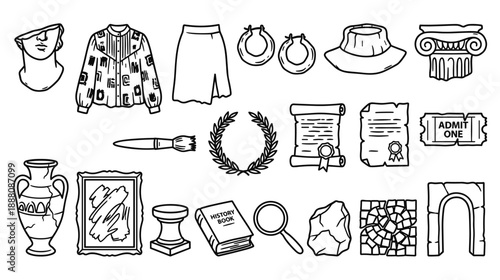 Collection of ancient history and art museum artifacts including sculptures, clothing, and scrolls