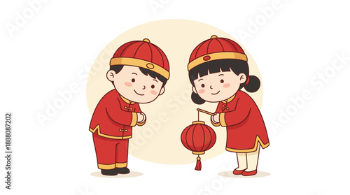 Two happy cartoon children in traditional Chinese New Year attire, a boy bowing and a girl holding a red lantern, celebrating a cultural festival.