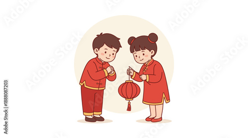 Two adorable Chinese children in traditional red clothing holding a festive lantern, celebrating a cultural event.