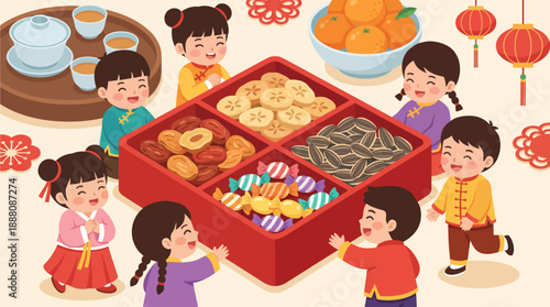 A group of happy children in traditional attire sharing a tray of festive snacks and candies during a cultural celebration.
