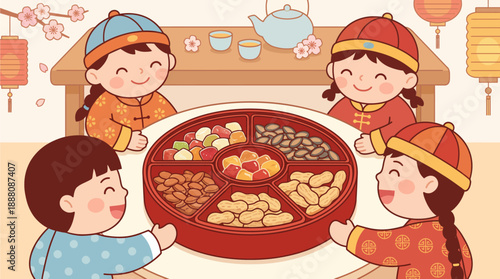 Four happy children in traditional Chinese clothing sharing a tray of festive snacks during a New Year celebration.