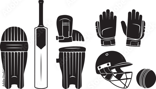 Cricket Equipment Set Silhouette Vector  Bat, Ball, Helmet, Gloves, Pads and Stumps Icons