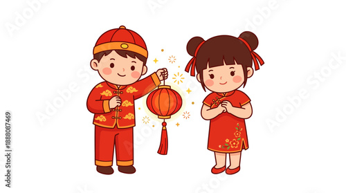 Cute cartoon illustration of a Chinese boy holding a glowing red lantern and a Chinese girl making a traditional greeting gesture, celebrating a cultural festival.