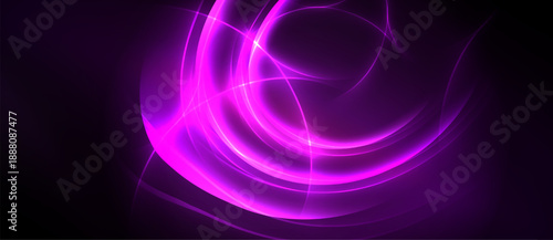 Bright purple abstract lines swirl against dark background. Dynamic energy radiates from central focal point. Smooth gradients create depth.