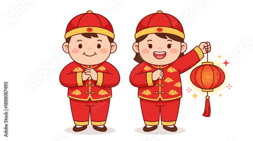 Cute cartoon children celebrating Chinese New Year in traditional red outfits with a glowing lantern and festive greetings.