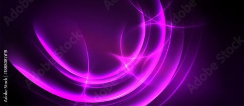 Bright purple energy flows, curves intersect. Dark background emphasizes luminous swirls, creating abstract visual impact.
