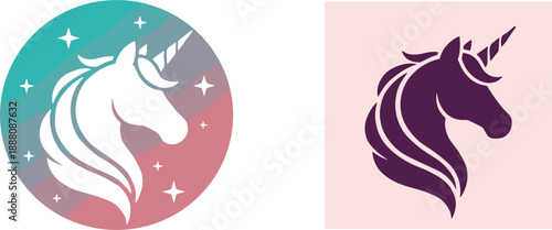 Unicorn head logo with gradient circle and minimal silhouette style for fantasy creative branding vector illustration design