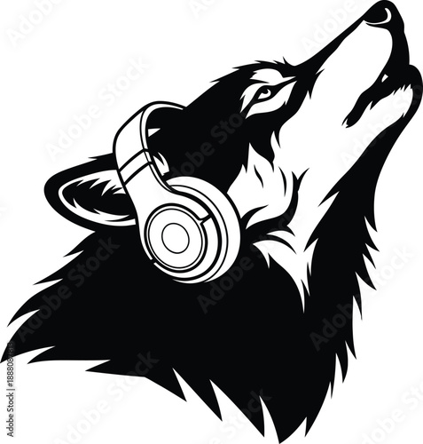 Wolf wearing headphones howling at the moon in a music inspired illustration