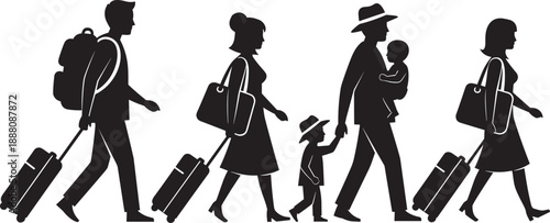 Black silhouette illustration of family travelers walking with rolling suitcases, symbolizing airport journey, vacation trip, tourism lifestyle, migration, and transportation concepts for design and 