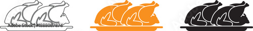 Delicious roasted chickens served on a platter, depicted in outline, colored, and silhouette styles