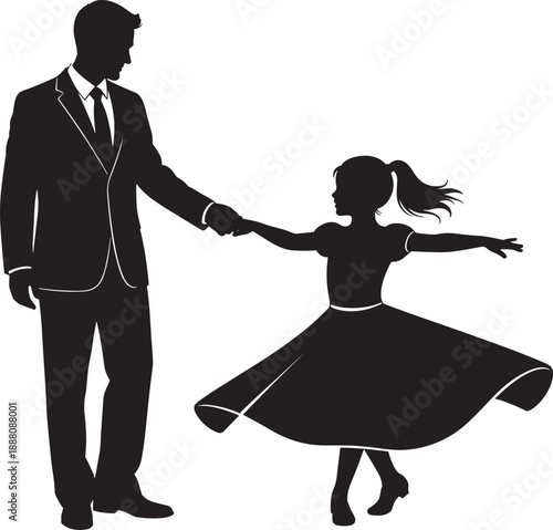 Black silhouette illustration of father and daughter dancing together, symbolizing family bonding, joyful celebration, parental love, childhood happiness, and artistic visual design concepts