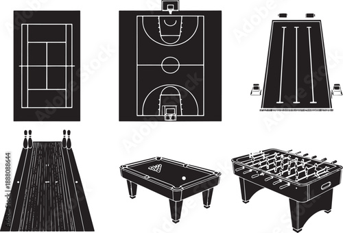 A versatile collection of recreation facilities, including tennis, basketball, and more, rendered in a flat design.