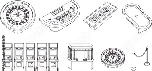 An assortment of casino equipment and games, all captured in a monochrome, technical illustration.