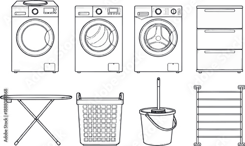 Laundry Room Essentials: A curated collection of essential laundry room elements, each meticulously rendered in a clean, crisp, outline.