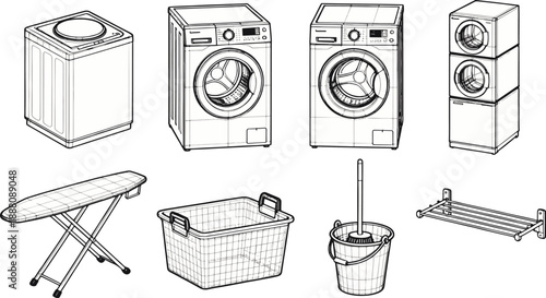 A clean, functional monochrome sketch that showcases an array of laundry essentials. Capturing an organised and modern aesthetic for everyday chore.