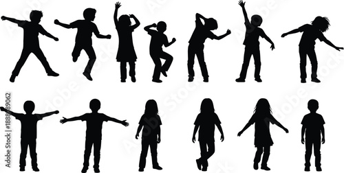 Kids Dancing Silhouette Set Showing Happy Children Jumping, Playing, and Moving with Joyful Dance Actions for Childhood, Education, and Fun Lifestyle Design Projects